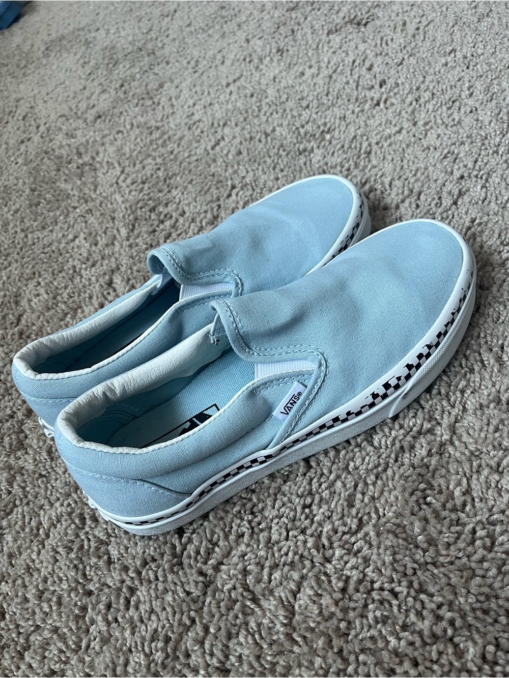 Vans Light Blue Slip-On Canvas Sneakers with Checker Trim - Picture 2 of 5